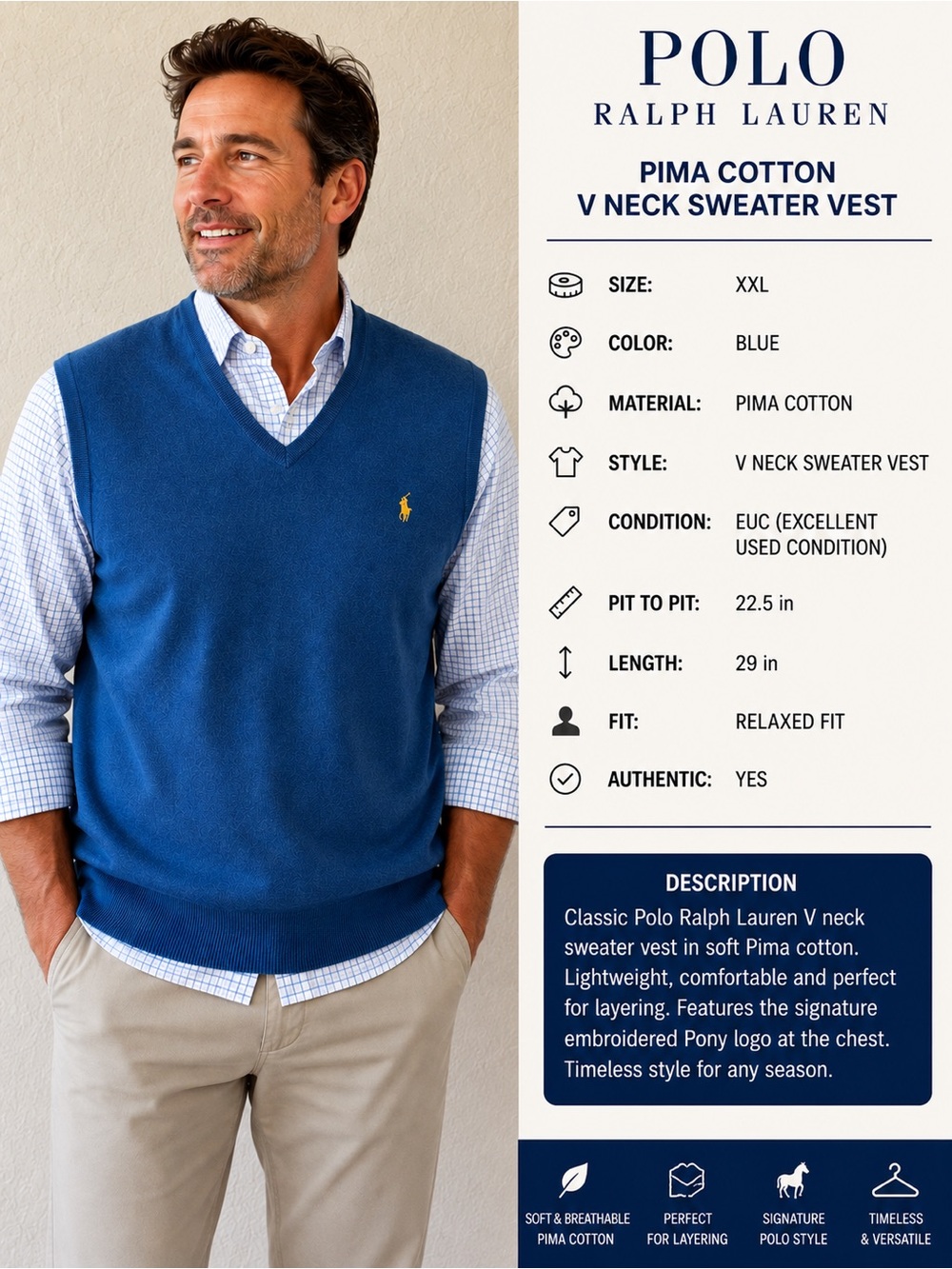 Polo Ralph Lauren 100% Pima Cotton Men’s  V-Neck  Sweater Vest Blue XXL